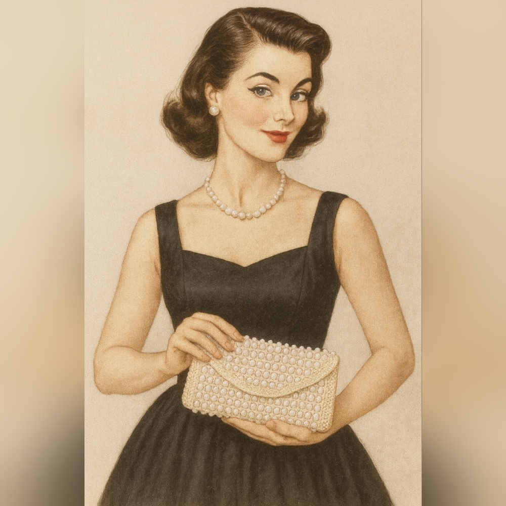 Vintage 1950s Bobbie Jerome beaded crochet ivory clutch - Picture 9 of 9